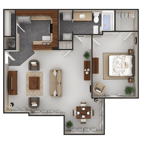 Floor plan for 1 bed, 1 bath, 879 sqft